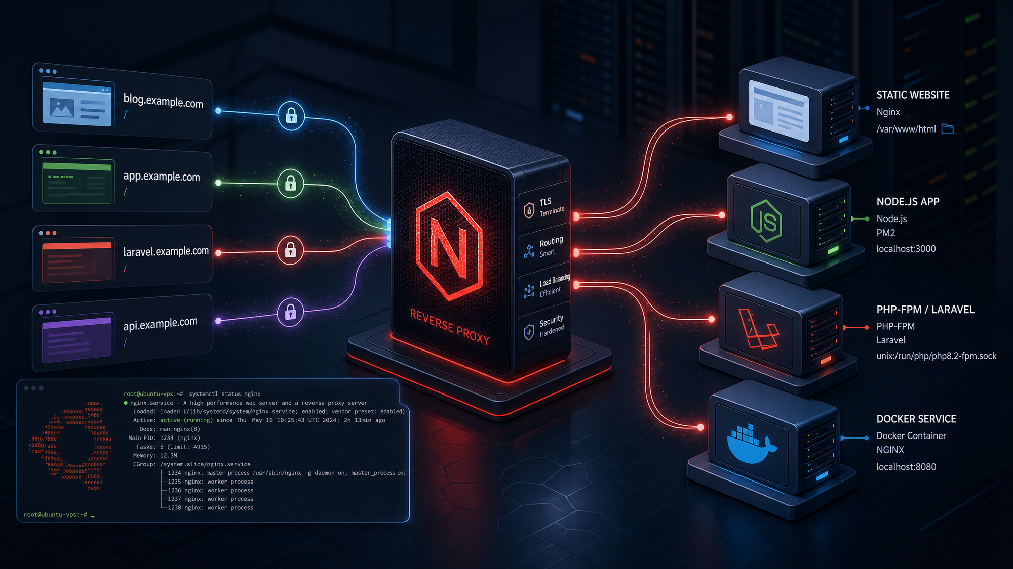 Sơ đồ Nginx reverse proxy phân luồng nhiều website và ứng dụng trên VPS