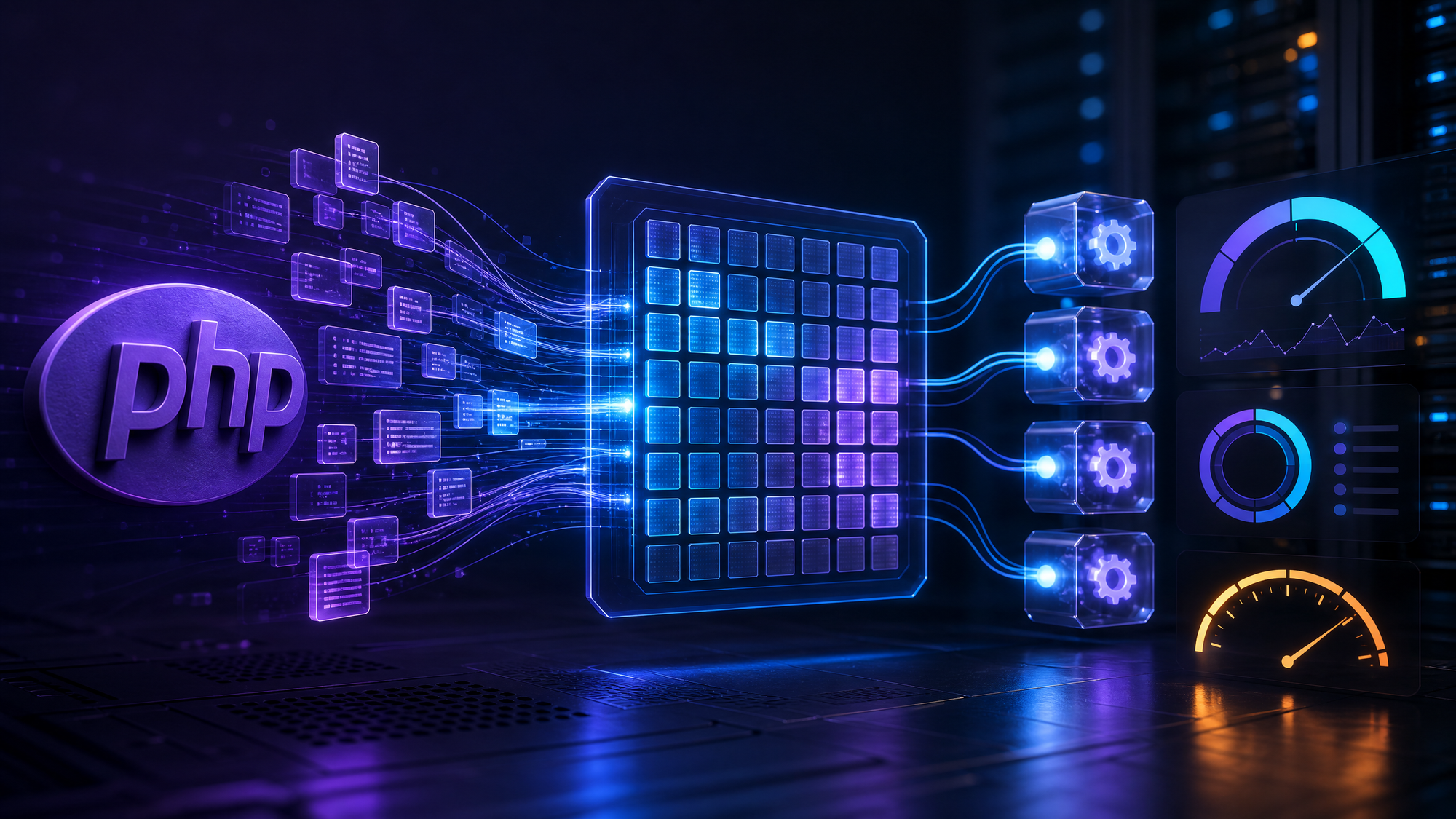 Minh họa PHP OPcache production với bytecode cache, PHP-FPM worker và biểu đồ hit rate