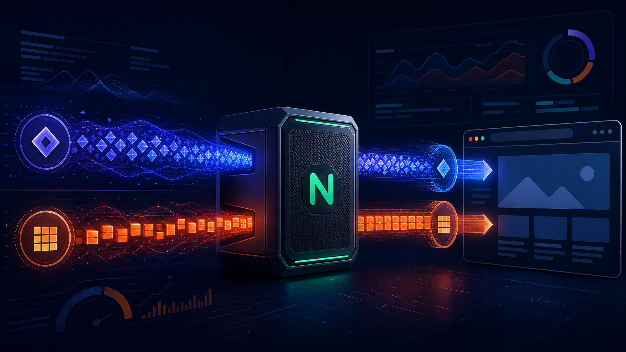 Minh họa Nginx phân phối Brotli và Gzip qua hai luồng nén đến trình duyệt