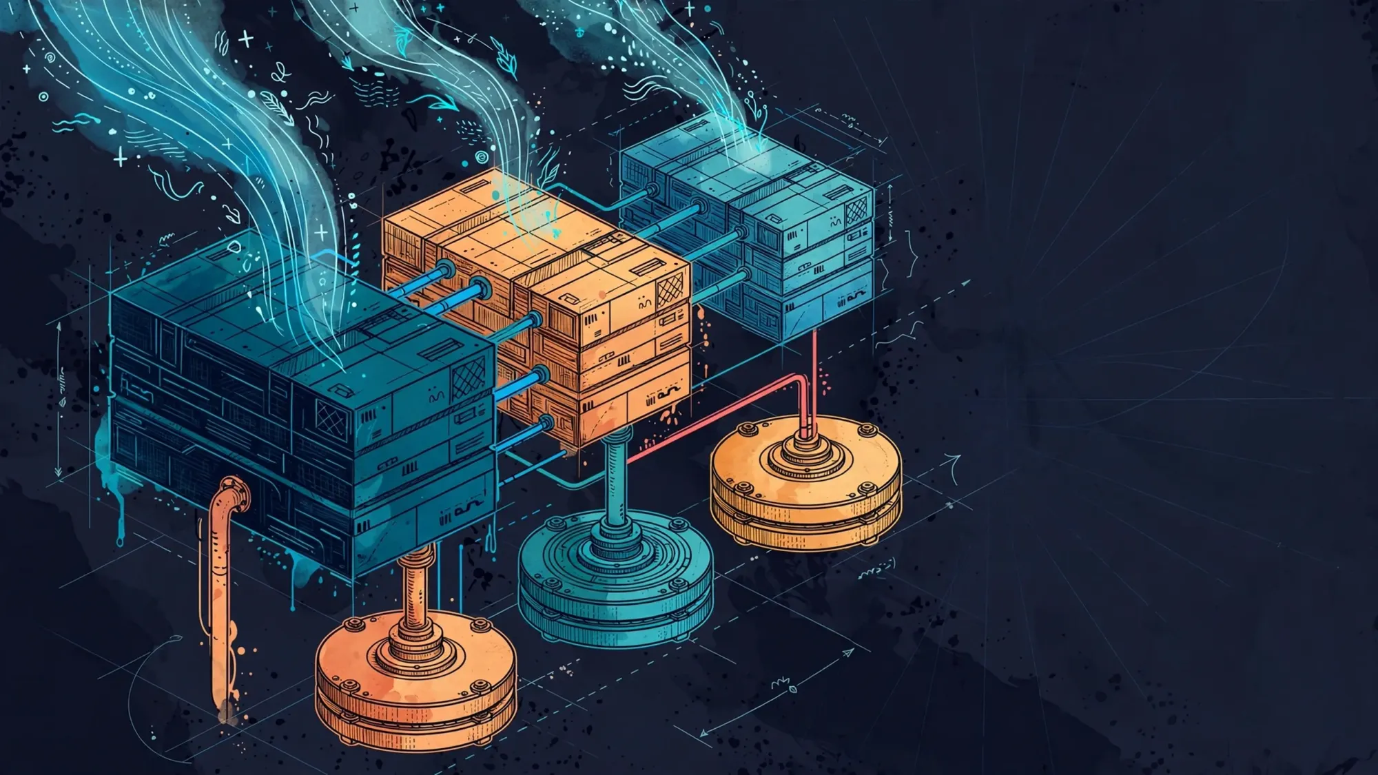 Minh họa Illustration Art về Docker Compose cho homelab: services, networks, volumes và biến môi trường
