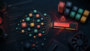 Minh họa Composer memory limit với terminal Laravel, dependency graph và biểu đồ RAM