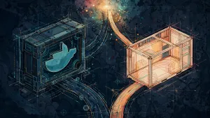 Minh họa Illustration Art về Chạy Docker trong VM hay LXC: mô hình nào phù hợp cho self-hosted service?